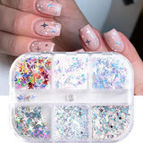 Holographic Nail Art Sequins Glitter Nail Art Supplies 3D Laser Silver Nail Sequins Star Round Powder Dust Nail Decals Design Shinning Star Nail Stickers for Women Acrylic Nails Decorations (6 Grids)