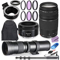 Canon EF 75-300mm f/4-5.6 III & Canon EF 50mm f/1.8 STM Lens Bundle + 420-800mm f/8-16 MF Lens & M-Mount EF/EF-S Auto Adapter w/HD Filters, Backpack for Canon M Cameras Like EOS M5, M6, M50, M100