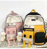 Cute Canvas Kawaii Backpack with Pins Pink Aesthetic Bag Fashion Shoulder Backpack with Hanging Bear Fancy College Bags Lightweight Travel Bag (Blue And Pink)