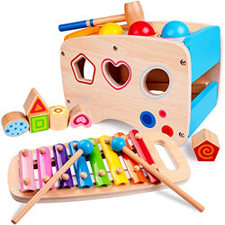 rolimate Hammering & Pounding Toys Wooden Educational Toy Learn 8 Notes Xylophone + Shape Sorter Color Recognition, Best Gift Toy for Age 1 2 3 Years Old and Up Kid Children Baby Toddler Boy Girl
