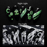 Halloween Nail Art Stickers, Luminous Nail Art Design Holographic 3D Self-Adhesive Nail Decals, Day of The Dead Skull Witch Pumpkin Ghost Gross Eye Spider Nails Sticker for Women Girls Kids(8 Sheets)