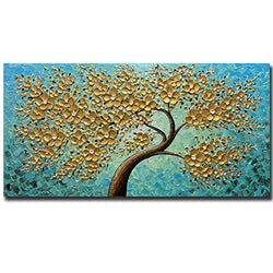 Boieesen Art,Boieesen Art,24x48Inch 3D Hand Painted Textrred Wall Art Golden Flower Oil Painting On Canvas Tree of Life Artwork Oil Hand Painting Stretched and Framed Ready to Hang for Living Room