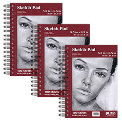 5.5" x 8.5" Sketch Paper Pads, 4 Pack, 400 Total Sheets (100 Each), 68 lb/100gsm Premium Paper, by Better Office Products, Spiral Bound Artist Sketch Book, Acid Free, Cold Press, Natural White