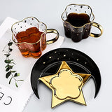 8.1 oz/240 ml Glass Coffee Cup And Ceramic Star Moon Saucer With Spoon Set Golden Handle Glass Cup Afternoon Tea Cola Juice And Water Drinks cup (black)