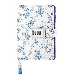 Diary with Lock PU Leather Combination Lock Journal A6 Refillable Leather Diary Locking Personal Journal to Write in (Blue)