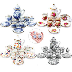 60 Pieces 1:12 Scale Miniatures Dollhouse Porcelain Tea Cup Set Include 15 Flower Pattern,15 Blue Porcelain,15 Plum Blossom and 15 Red Rose Teapot Cup Set Porcelain Accessories for Doll Toy Supplies