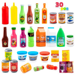 JOYIN 30Pcs Play Food Grocery Cans, Pretend Play Kitchen Accessories, Includes Drink, Juice, Jar, Seasoning, Water Bottle, Sauce, Yogurt, Ice Cream, Snack Box, Kids Gifts & Indoor Toys