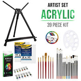 U.S. Art Supply 53-Piece Acrylic Artist Painting Set - Aluminum Table Easel, 12 Acrylic Colors, Stretched Canvas, Acrylic Paper Pad 2 Pack, Paint Brushes & Plastic Palette