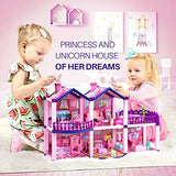 Dollhouse w/ Princesses, 4 Unicorns and Dog Dolls - Pink / Purple Dream House Toy for Little Girls - 4 Rooms w/ Garden, Furniture and Accessories - Girls Ages 3 - 6 (4 Princesses)