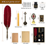 Quill Pen and Ink Set, AngleKai Calligraphy Feather pen Set with Wax Seal Stamp│Ink│Wax Seal Sticks│Replacement Nibs│Spoon│Envelope Letter Paper│White Wax, Best Gift for Birthday (Red)