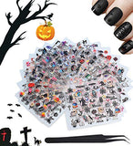 WOKOTO 24Pcs Halloween 3D Nail Adhesive Decals Nail Art Decoration Accessory with 1 Pcs Tweezers Manicure Sticker Kit