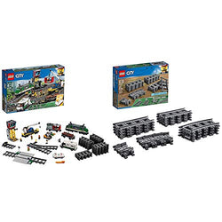 LEGO City Cargo Train 60198 Remote Control Train Building Set with Tracks for Kids(1226 Pieces) & City Tracks 60205 Building Kit (20 Pieces)