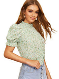 Romwe Women's Floral Print Short Ruffle Sleeve Mock Neck Summer Blouse Tops Green Small