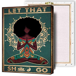 IXMAH - Hippie Yoga Boho Black Afro Girl Wall Art Canvas Print Poster Painting for Living Room Bedroom and Bathroom Decor Stretched and Framed Ready to Hang 16x24 inch
