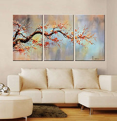 ARTLAND Modern 100% Hand Painted Flower Oil Painting on Canvas"Orange Plum Blossom" 3-Piece Gallery-Wrapped Framed Wall Art Ready to Hang for Living Room for Wall Decor Home Decoration 36x72inches