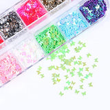 LYOUCI 12 Shaped Holographic Nail Stickers Iridescent Mermaid Flakes and 12 Color Butterfly Nail Art Stickers Sequins, Holographic Nail Sparkle Glitter for Nail Art Decoration（2 Boxes)