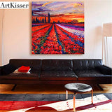 ArtKisser Modern Hand Painted Painting Red Tulip Wall Art Dutch Tulip Flowers Sunset Landscape Oil Paintings on Canvas Framed Home Decor for Living Room Ready to Hang 12"x12"