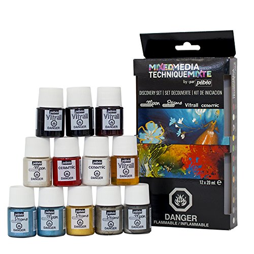 Pebeo Mixed Media Discovery Set of 12 Assorted Paint Colors, 20 ml