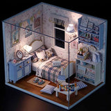 QTFHR Cute Dollhouse Miniature DIY House Mini Creative Room with Furniture Plus Dust Proof Cover DIY Romantic Gift (Blue)