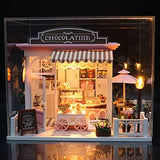 GuDoQi DIY Miniature Dollhouse Kit, Tiny House kit with Music and Dust Proof, Miniature House Kit 1:24 Scale Chocolate Shop, Great Handmade Crafts Gift for Valentine's Day Birthday