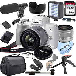 Canon EOS M50 Mark II (White) Mirrorless Digital Camera with 15-45mm Lens + Shot-Gun Microphone + LED Always on Light+ 128GB Card, Gripod, Case, and More (18pc Video Bundle)