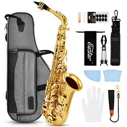 Eastar Alto Saxophone EAX-21, Gold Lacquer E Flat Sax with Full Kit Travel Bag, Foldable Stand and Cleanning Kit, for Beginner/Students, Top Quality Brass Engraving and Gorgeous Sound
