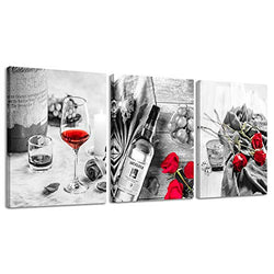 Canvas Wall Art Decor Wine Painting Artwork Poster Red Wine In Cups With Ice Rose Black White Canvas Wall Art Print Framed Pictures Red Rose Poster Giclee For Kitchen Bar Home Decorations 3 Piece