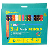 JoyousJays 3-in-1 Jumbo Colored Pencils For Kids (Ages 3+) - 12-Color Pack - Non Toxic and Washable - Wax Crayon and Watercolor, Coloring Pencils Set for Toddlers with Brush and Sharpener