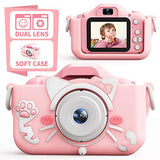 Kids Camera, Toys Kids Digital Dual Camera 1080P HD Video, with Cartoon Soft Silicone Cover for 3-12 Year Old Boys/Girls, Best Christmas Birthday Festival Gift for Kids, 32G SD Card (Pink)