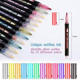Double Line Metallic Markers,Pecosso Outline Metal Marker Pens,12 Colors Paint Permanent Pen for Writing and Drawing Lines on Paper,Gift Cards,Greeting Cards,Rock Painting,Metal,Wood,Ceramic,Glass