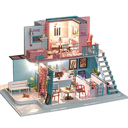 ROOMLIFE Dollhouse Mini Kit Coffee Shop for Adults 1:24 Scale Houses Pastel Cafe with Green Plants Dollhouse Miniature Kit DIY Big DIY Doll House Kit Miniature House DIY Kit Mini House Building Kit