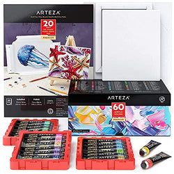Arteza Mixed Media Paper Foldable Canvas Pad and Acrylic Paint 60 Bundle, Painting Art Supplies for Artist, Hobby Painters & Beginners