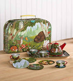 HearthSong 15-Piece Woodland-Themed Decorative Tin Tea Set with Carrying Case for Kids