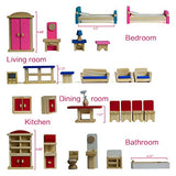 Seanmi Wooden Dollhouse Furniture - 5 Sets, 1:12 Scale Doll House Furnishings, 35 Pieces of Dollhouse Accessories (Living Room, Kitchen, Dining Room, Bedroom, Bathroom)