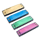 4PCS Key of C 10 Hole 10 Tones Titanium Color Harmonica with Case for Beginner Students Kids（Gold, Purple, Green, Blue）