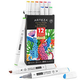 Arteza Alcohol Art Markers, 12 Bright Colors, Dual-Tip Everblend Pens, Broad Chisel and Fine Tip, Art Supplies for Drawing, Coloring, Designing, Hand-Lettering, and Calligraphy