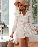 Narspeer Women's Summer Floral Romper Long Sleeve Short Jumpsuit Casual Vneck Romper Beach Ruffle Short Jumpsuit Khaki S