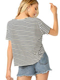 Romwe Women's Striped Short Sleeve Drop Shoulder Curved Hem Summer Tee Tops White XS