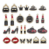 36 Pcs Black Women Makeup Charms Enamel Rhinestone Charms Colorful Rhinestone Pendant Lipstick Diamond Shoes Bag Charms for Women Jewelry DIY Making Decor (M496)
