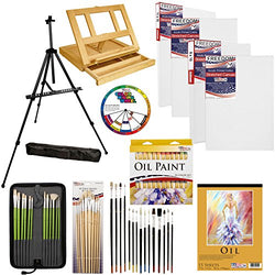 U.S. Art Supply 70-Piece Oil Painting Set with Aluminum Floor Easel, Wood Table Easel, 24 Oil Paint