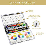 The Ultimate 48 Premium Watercolor Half Pan Set in Metal Palette with True to Color Watercolor Paints, Refillable Water Brush, Technique Guide, and a Swatch Sheet for Artists On-The-Go!