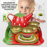 Tea Set for Little Girls, Pretend Play Tea Party Set, Fruit Design Kids Tin Tea Set with Carrying Case (15 Pcs)