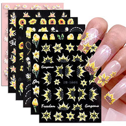 6 Sheets Fall Nail Art Sticker Decals 5D Embossed Sunflower Self-Adhesive Acrylic Nail Art Supplies Maple Leaf Daisy Rose Nail Design Decoration for Women and Girls Nail Accessories