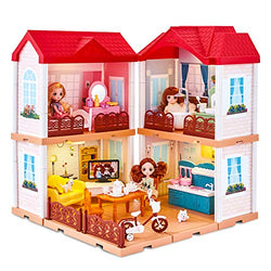 UNIH Dollhouse Dreamhouse , Toddler Dollhouse for Little Girls 3 4 5 Years Old, Doll House Playset with Furniture,Doll Accessories Birthday Gift for Girls Kids Toddlers