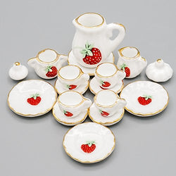 Odoria 1:12 Miniature 15PCS Porcelain Tea Cup Set Strawberry Chintz and Golden Trim Dollhouse Kitchen Accessories