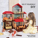 TEMI Dollhouse DIY Pretty Dreamhouse Kit Decorations w/ Furniture, Accessories, Doll Action Figure , Build Perfect Toddler Girls and Kids Crafting Toy with Real LED Light(7 Rooms)