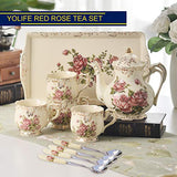 YOLIFE Red Rose Ivory Ceramic Tea Set,Vintage Tea Set With Teapot,Pretty Tea set Service for 4