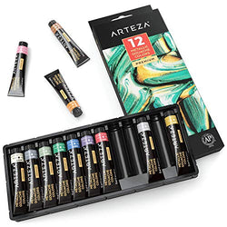 ARTEZA Metallic Gouache Paint, Set of 12 Colors/Tubes (12ml/0.4 US fl oz) Metallic Paints, Ideal