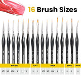 Detail Paint Brush Set - 16 pc Miniature Paint Brushes for Fine Detail, Acrylic, Oil, Watercolor, Face, Rock, Craft Models, Paint by Numbers Painting with Ergonomic Handle, Brush Holder & Carry Bag