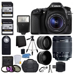 Canon EOS 80D Digital SLR Camera with 18-55mm EF-S f/3.5-5.6 is II Lens + 58mm Wide Angle Lens + 2X Telephoto Lens + Flash + 48GB SD Memory Card + UV Filter Kit + Tripod + Full Accessory Bundle